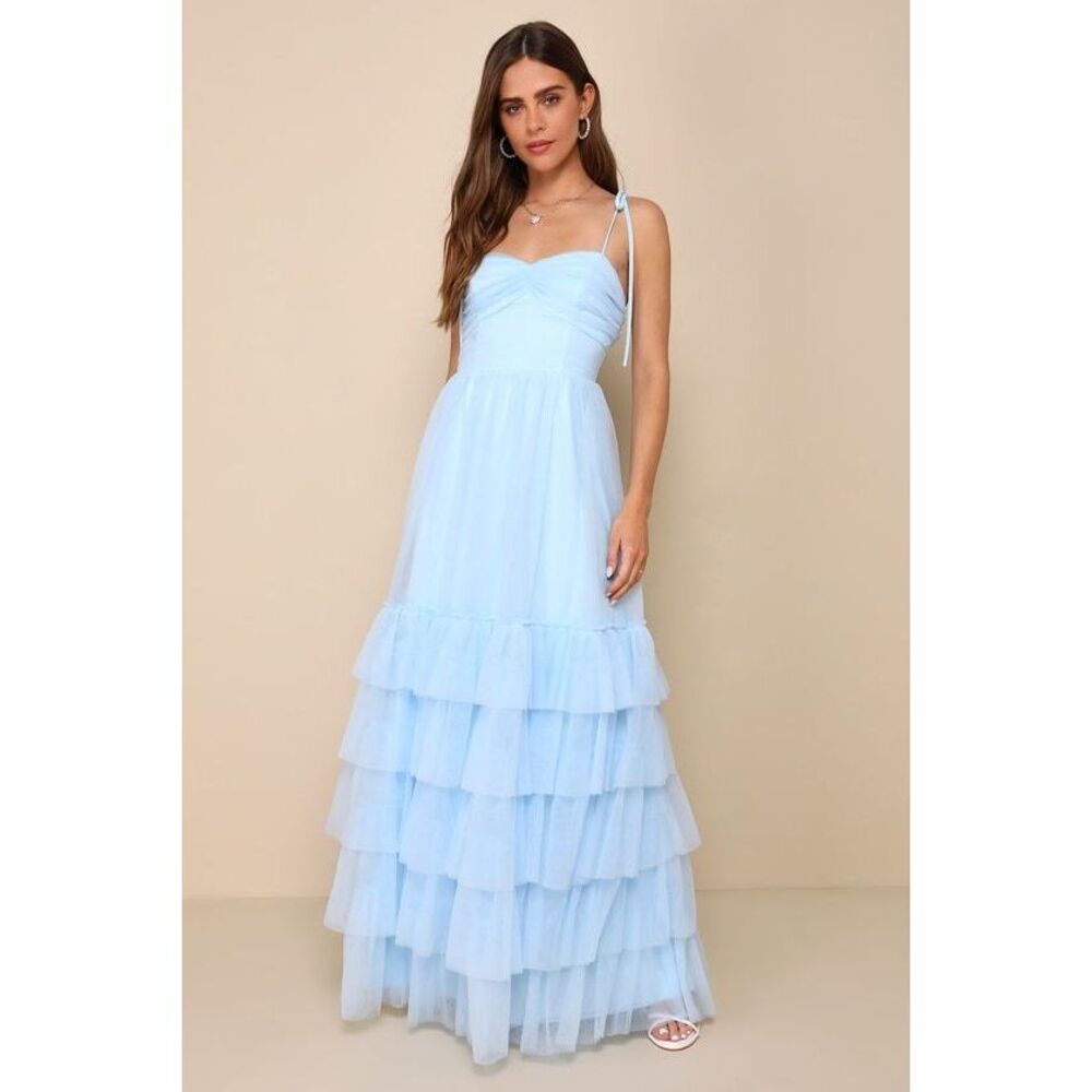 Lulus Endlessly Darling Light Blue Mesh Tiered Tie-strap Maxi Dress - Size L